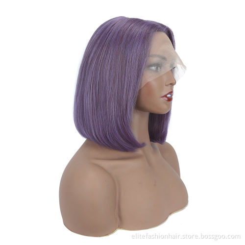 Hot sells No any split ends virgin brazilian hair Silky Straight Remy Hair Smoke Purple Bob Wigs T Part for Women lace bob wigs